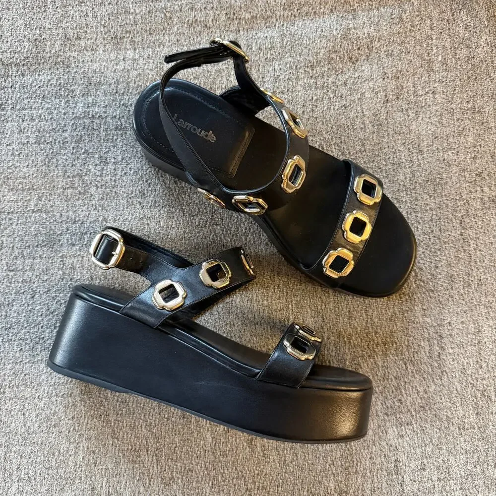 Larroude Milan Black Leather Grommet Flatform Sandals Size 9